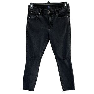 Gap SZ 29 Ankle Jeans Mid-Rise Distressed Frayed Hems Pockets Black Wash Womens